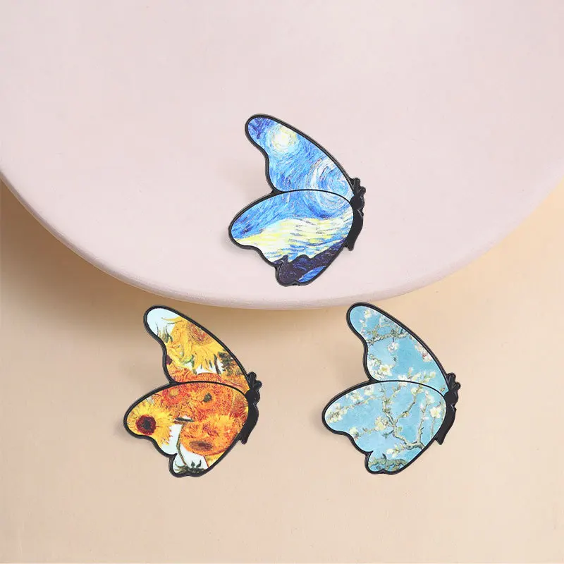 Luxury Beautiful Butterfly Brooch Starry Night Plum Sunflower Art Oil Painting Metal Badge Casual Commute Party Gift Pin Diy Bag