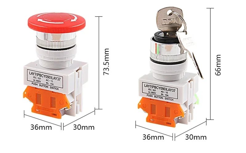 22mm LAY37 Y090 Mushroom Head Emergency Stop RotationReset  Self Lock Push Button Switches  Red  Blue Green  1NO 1NC 10A250VAC