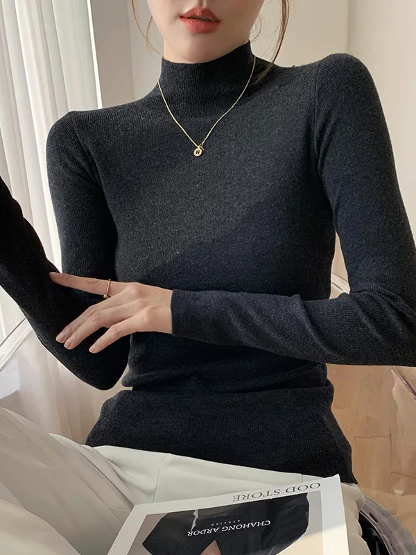 Slim Fit Long Sve Wool Base irt f High Ne Jersey de punto Casual Sle Medium Softn Viscose Camere Blend Sprin...