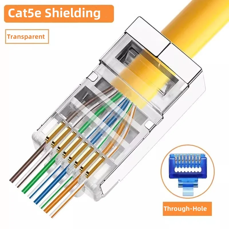 Stp cat5e cat6 לעבור דרך חור rj45 רשת תקע מודולרי מחבר 8p8c rj 45 מגן מחורר מתאם ראש ethernet