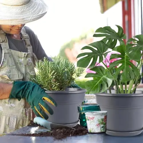 أوعية نباتات بلاستيكية مقاس 8 بوصات، 4 عبوات مع تصريف وصحون