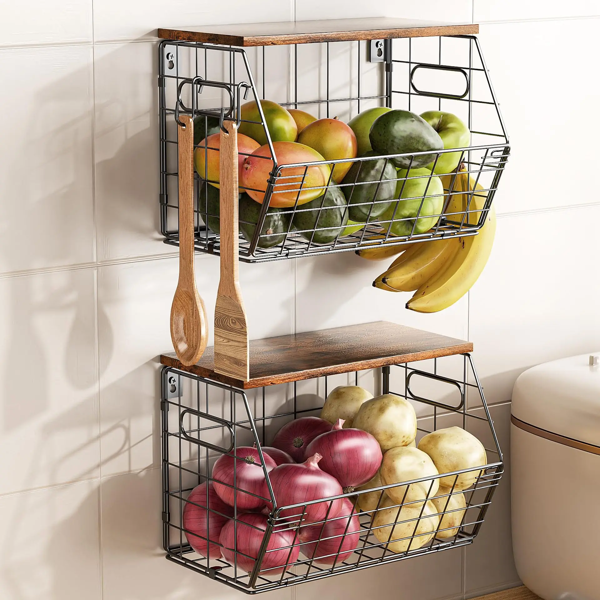 Wall Mounted Kitchen Storage Rack Collapsible Vegetable and Fruit Storage Basket with Wooden Lid Multifunctional Stackable