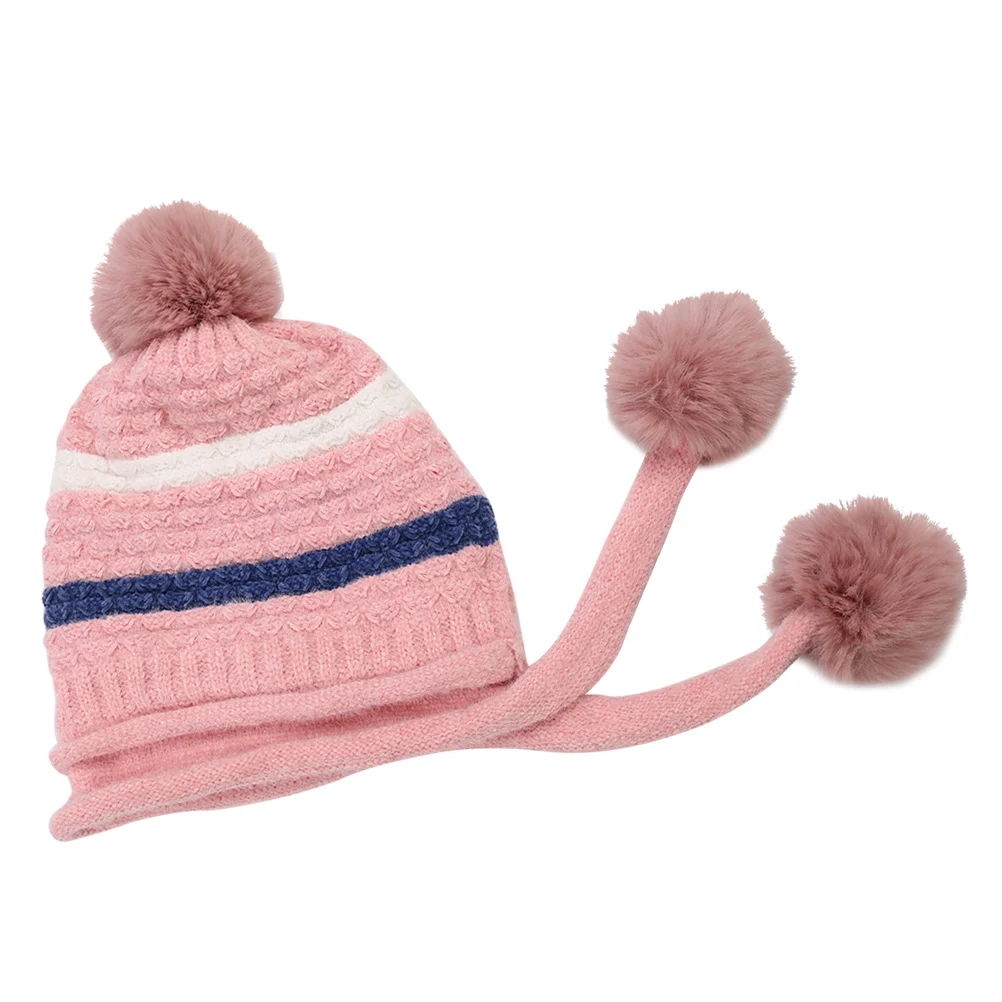 

Women Wool Knitted Hat Pink Three Hair Ball Design Warm Ski Cap Winter Headgear Outdoor Cold Weather Hat for Adults