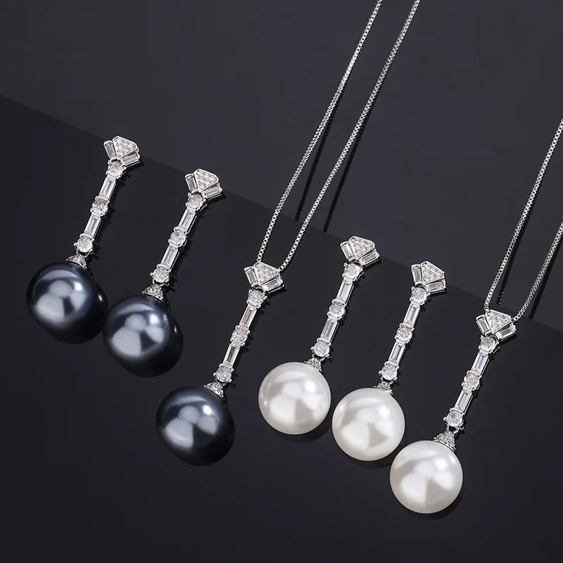 

Long Design 14mm White Gray Round Shell Pearl Clear Cubic Zircon Pendant Necklace Stud Earrings Jewelry Set