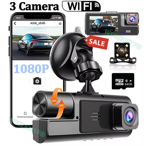 Cámara de salpicadero con 3 cámaras para coche, grabadora de vídeo 1080P, WIFI, DVR, dashcam coche，camara coche，sistemas inteligentes de visión trasera y delantera, visión nocturna, caja negra, accesorios para coche
