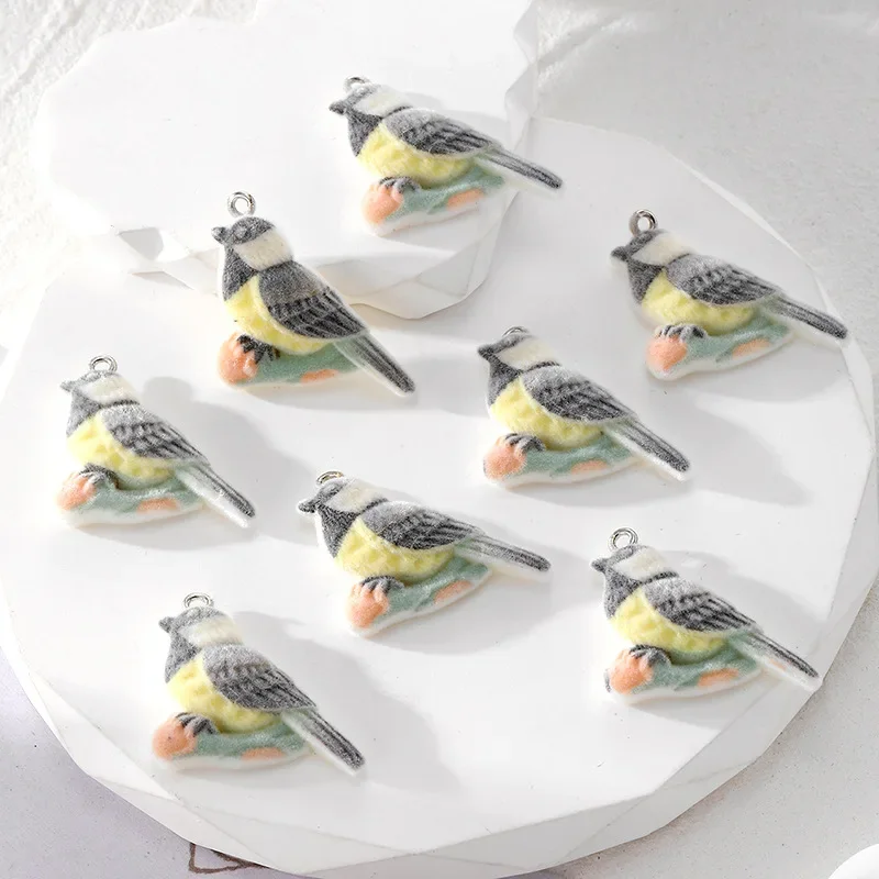 20Pcs 3D Cute Flocked Parrot Charms Cartoon Animal Bird Resin Pendant For Phone Bag Keychain Necklace Earrings Diy Jewelry Make