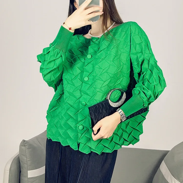 

Miyake Style Pleated Jacket for Women Casual Versatile Loose Single Breasted Cardigan Top Round Neck Simple Shirt