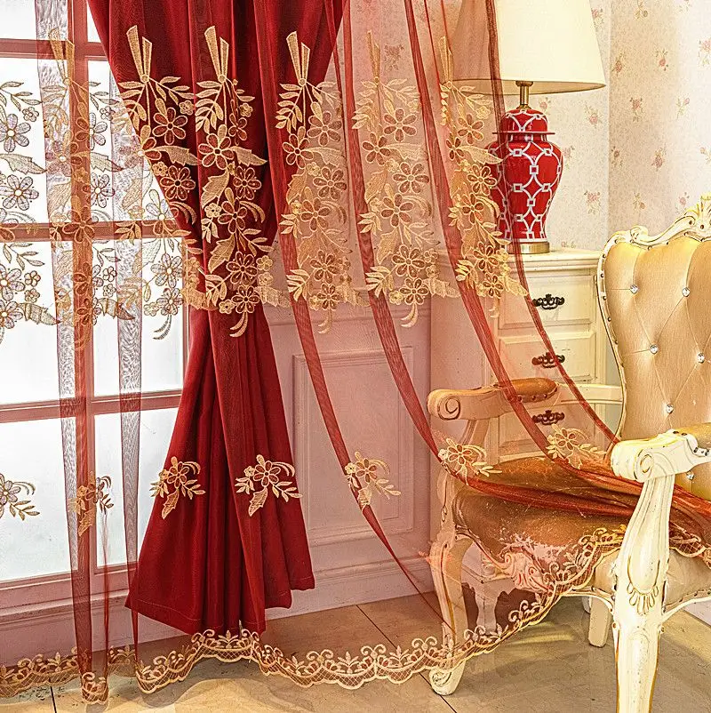 

Элегантные винно-красные светонепроницаемые шторы с золотой вышивкой, двойные тюлевые панели для гостиной, спальни, домашнего декора