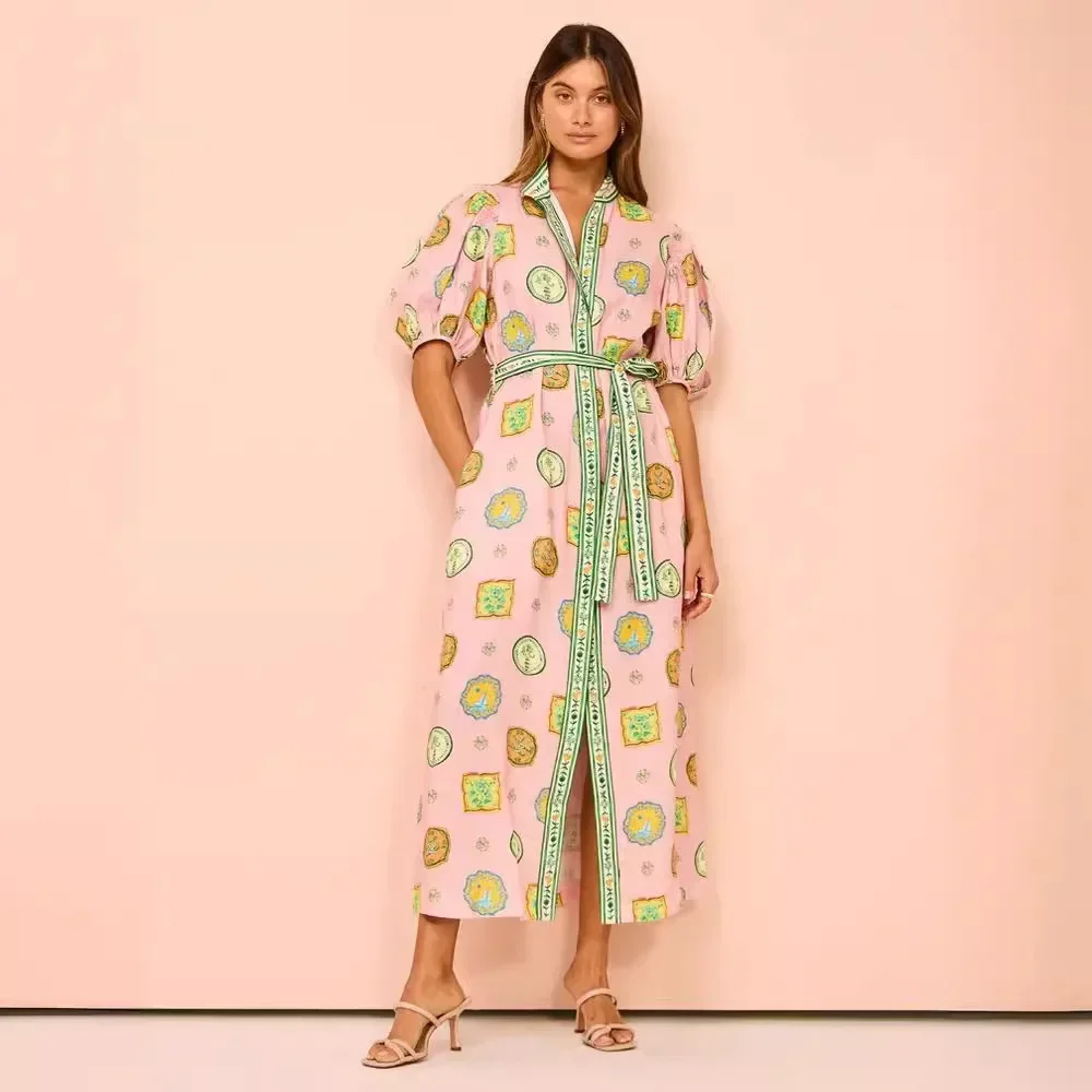 Vintage Printed Graphic Short Sleeve Long Dress 2024 New Women Fashion Casual Lantern Sleeve Midi Dress Elegant Holiday Party