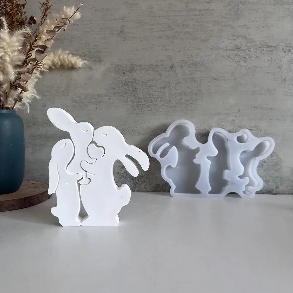 Rabbits Family Cement Concrete Molds DIY Happy Easter Dad Mom Holding Baby Bunny Gypsum Plaster Silicone Mould Craft Resin Mold