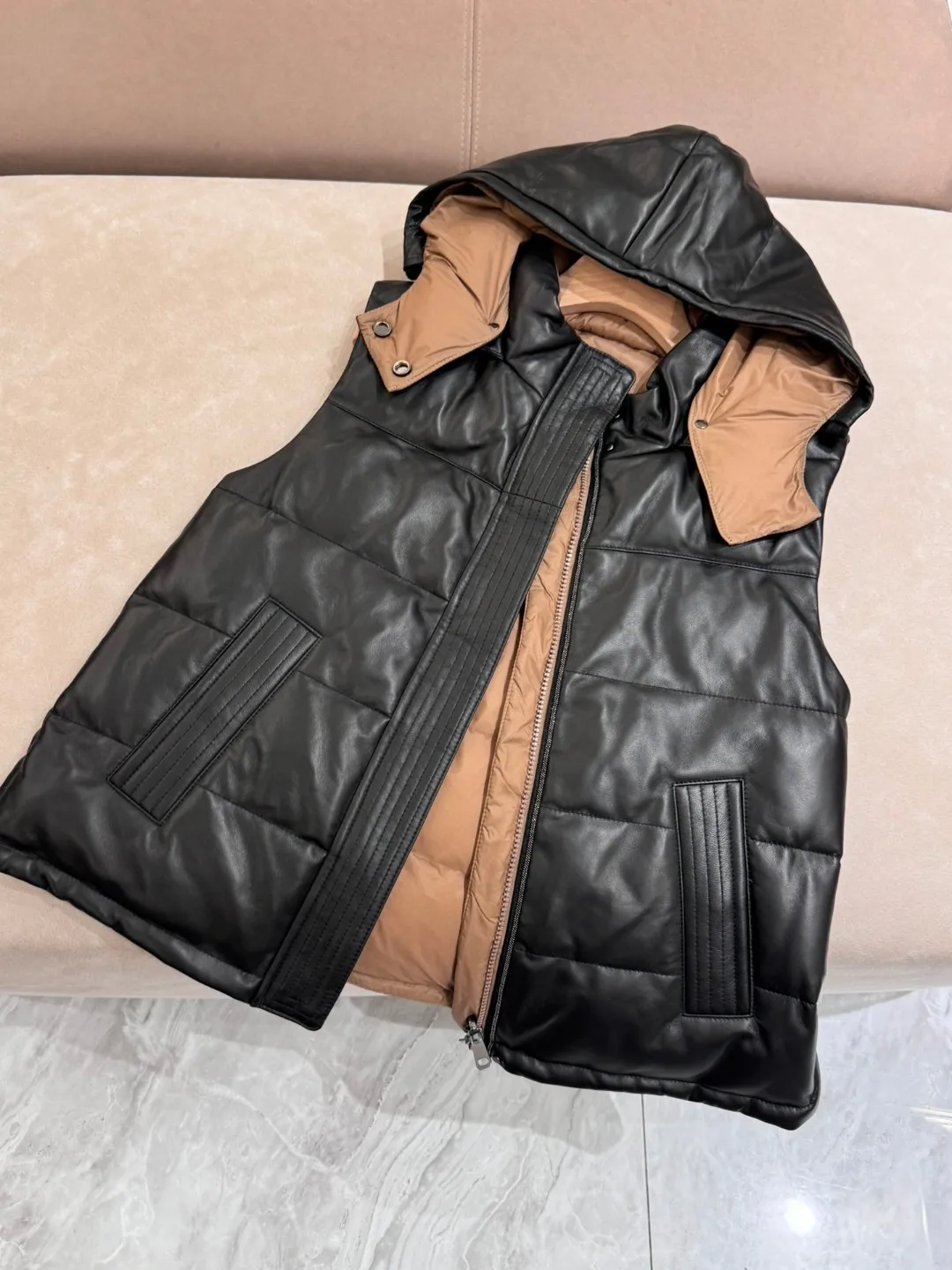 Autumn Winter Women's Sheepskin Goose Down Vest Reversible Detachable Hood Sleeveless Jacket Coat