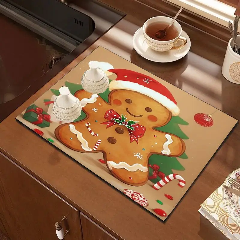 VIKAMA Gingerbread Man Sink Mat Absorbent Non Slip Cookie Holiday Plate Dish Pad for Counter Top Happy New Year Home Decor