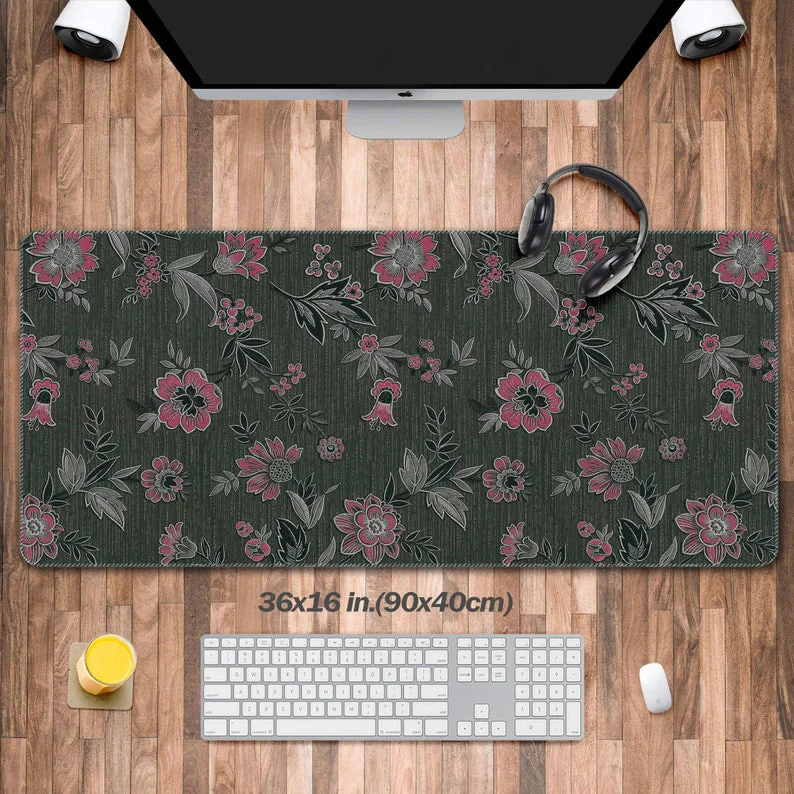 

Art Nouveau Botanical Desk Mat,Detailed Floral Vegetal Design in Sage Green Ideal for Cute Desk Decoration Laptop Mats