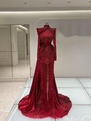 Dark Red Mermaid Evening Dresses Long Sleeves High Neck Sequins Beaded Appliques 3D Lace Hollow DiamondsProm Dresses Custom Made