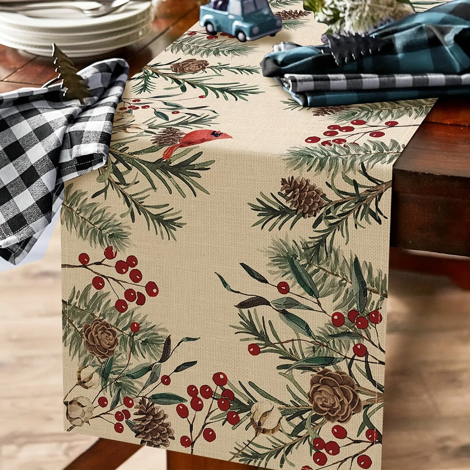 1 Piece of Retro Forest-Style Christmas Table Runner, Linen Pattern with Pine Branches, Berries and Red Bird Patterns, Suitable for Christmas Home Banquets, Pastoral B&Bs, Forest-Style Weddings, Handicraft Markets, Cafe Decorations, Holiday Parties, Home Decorations, Natural Tea Rooms