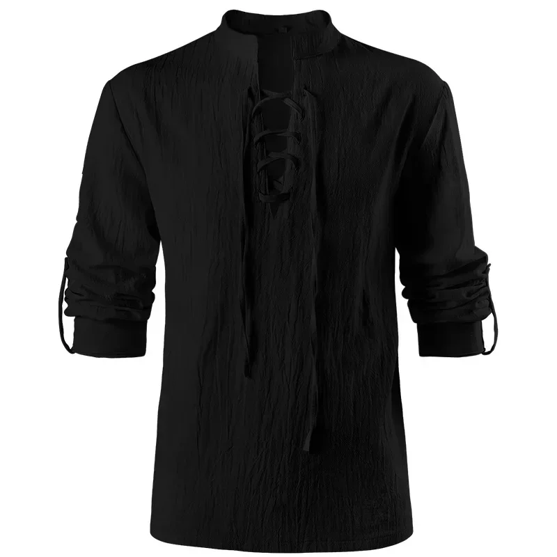 Men Renaissance Victorian Tops Chemise Mens White Pirate Medieval Shirts Ruffle Steampunk Gothic Stand Collar Long Sleeve Shirt