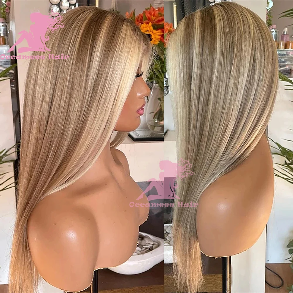 Perucas de cabelo humano marrom destaque loira peruca frontal do laço preplucked natural em linha reta transparente perucas frontais do laço cabelo brasileiro