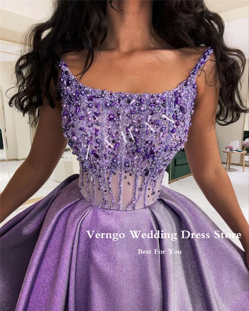 Verngo Shiny Purple Arabic Women Evening Dresses Spaghetti Straps Pearls Shiny Dubai Luxury Prom Gowns Formal Party Dress