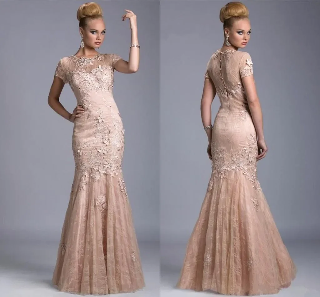 Modest Mermaid Mother Of The Bride Dresses Long Short Sleeves Lace Appliqued Evening Gowns Jewel Neck Custom Wedding Guest Dress