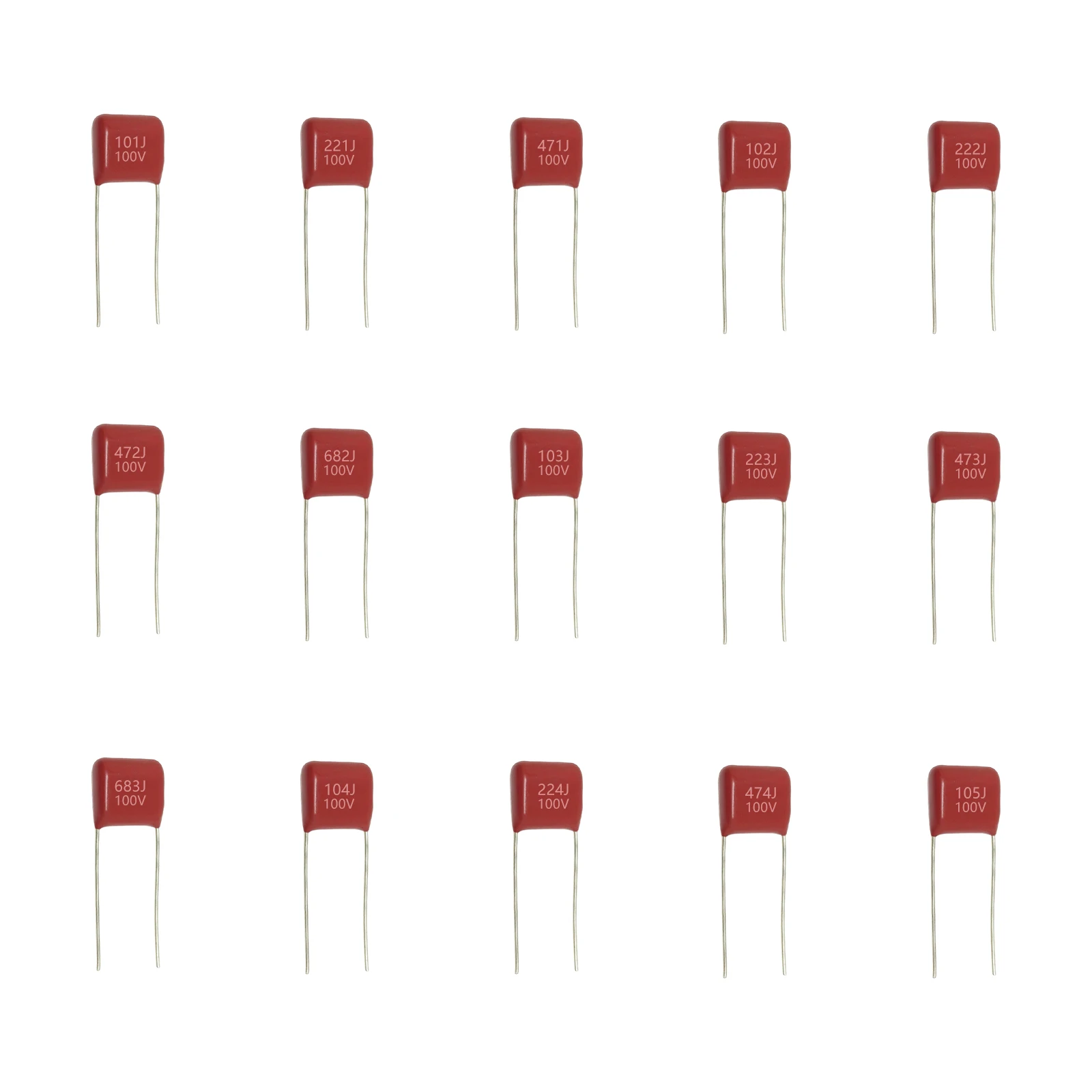 15 Values 100V CBB Polypropylene Film Capacitors kit 101J/221J/471J/102J/222J/472J/103J/473J/104J/224J/474J/105J Total 150 Pcs