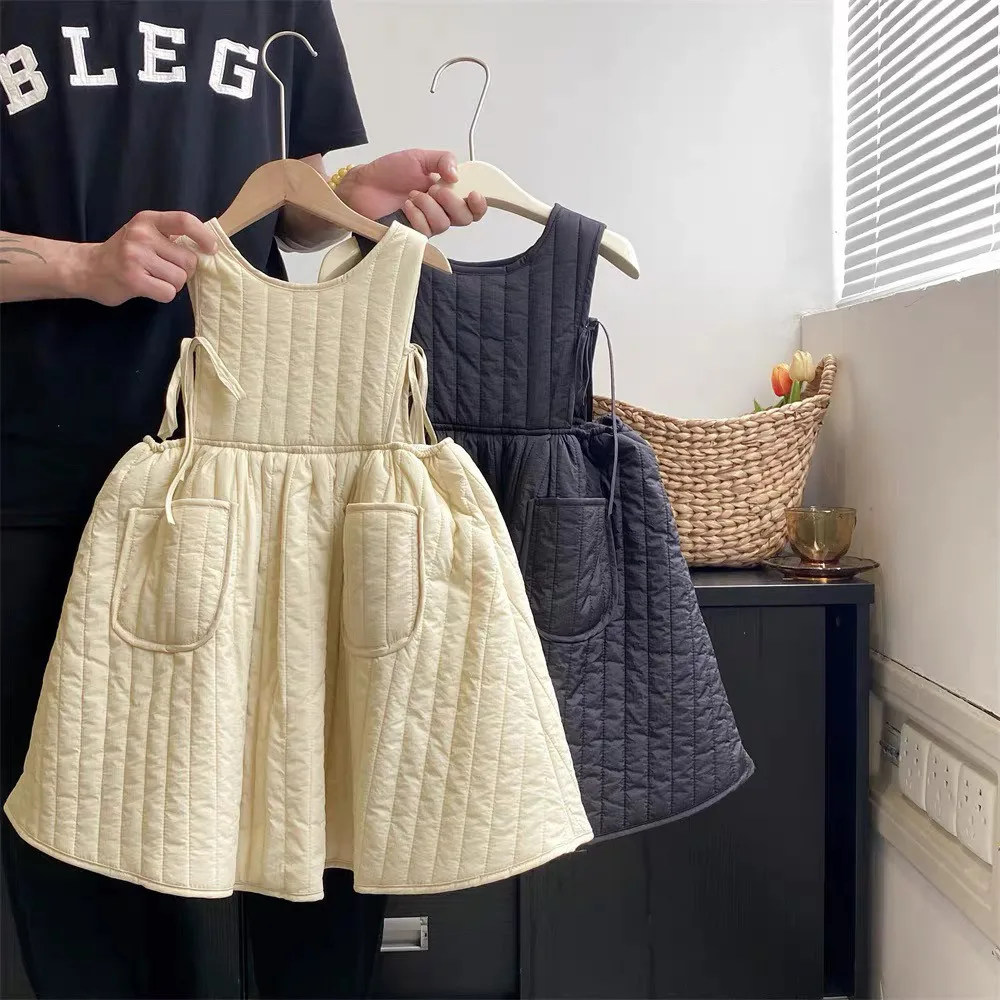 Autumn Winter Girls Casual Dresses New Forest Style Children Clothing Strap Skirt Princess Sleeveless Striped Soild