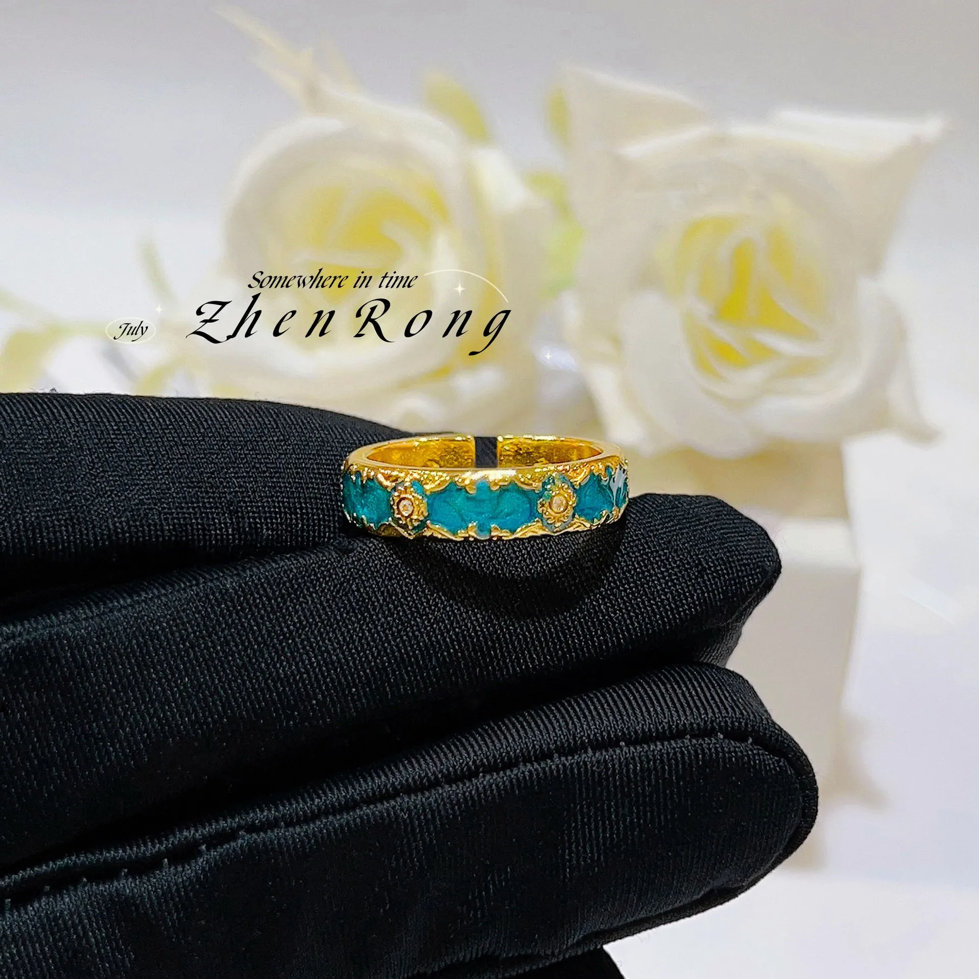 S925 sterling silver ring niche enamel craft pattern high-grade exquisite fairy temperament green enamel