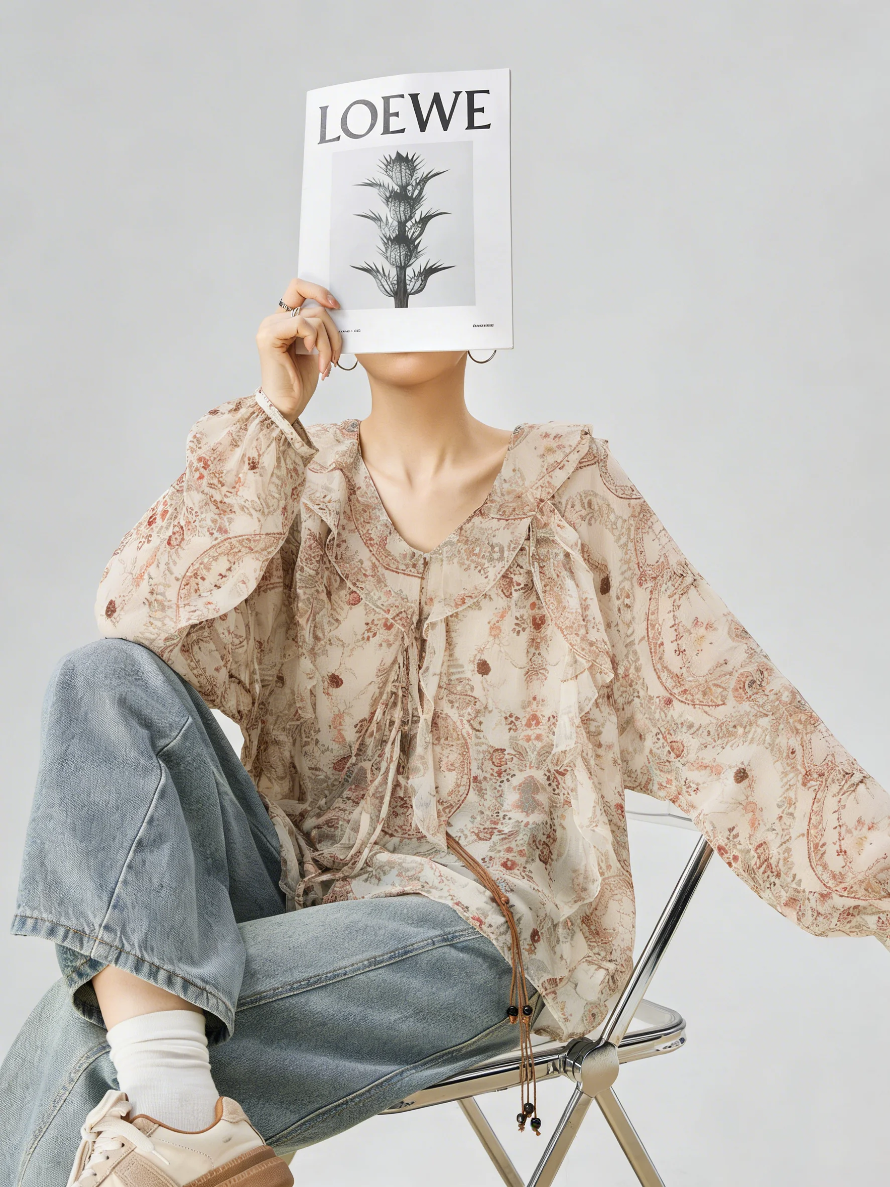 

Ретро-блузка женская из шифона с цветочным принтом, длинным рукавом, воротником-стойкой, элегантная, роскошная, омолаживающая, модная, повседневная, весна 2026