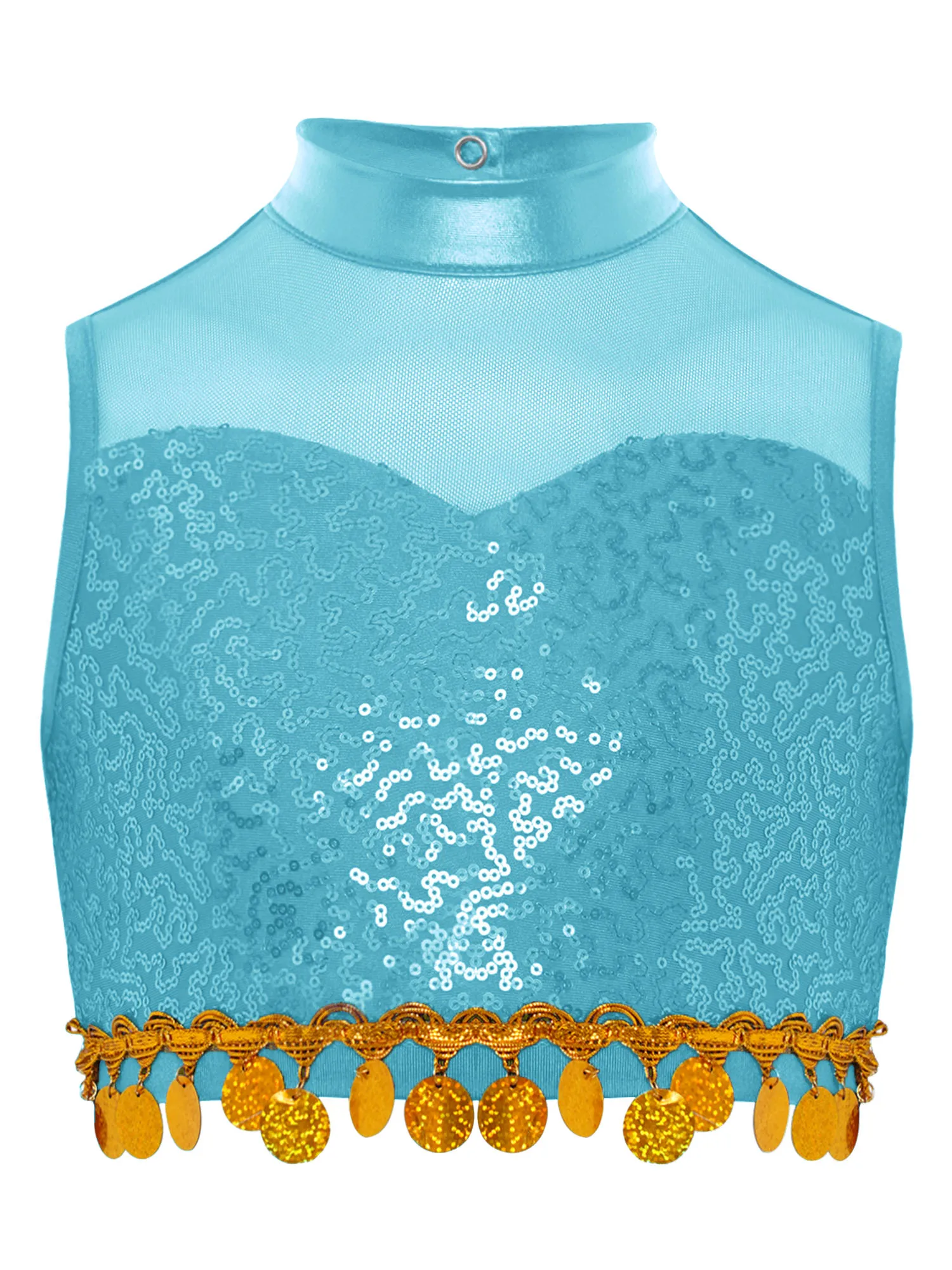 Kids Girls Belly Latin Dance Costume Modern Ballroom Dance Outfit Set Sheer Mesh Patchwork Sequin Crop Top And Bloomers Pants