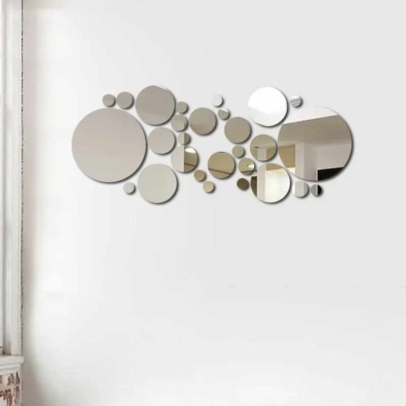 26Pcs Modern 3D Mirror Wall Sticker Circle Silver Mirror Decals Self-Adhesive Art Ornaments Home Background Decoration