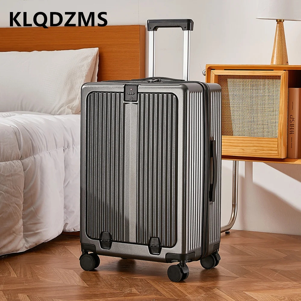 

KLQDZMS Rolling Luggage Front Opening Laptop Boarding Case USB Charging Trolley Case 20"22"24"26Inch with Wheel Suitcase