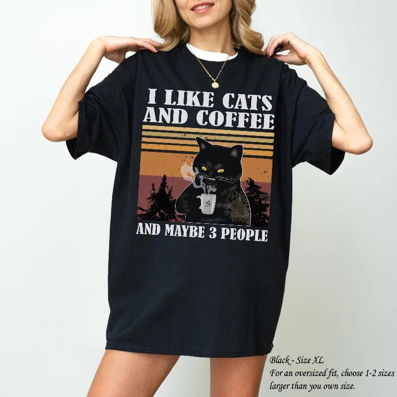 Entusiasta de café de gato preto, camiseta divertida com padrão de animal de estimação para todas as estações, casual e elegante, adequada para homens e mulheres