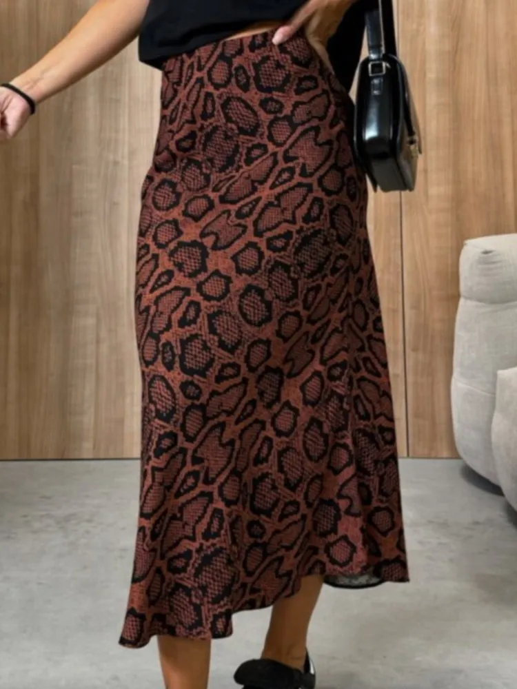 Fashion Leopard Print High Waist Women Midi Skirt 2024 Autumn Summer Office Lady Streetwear Skirt Women Clothes