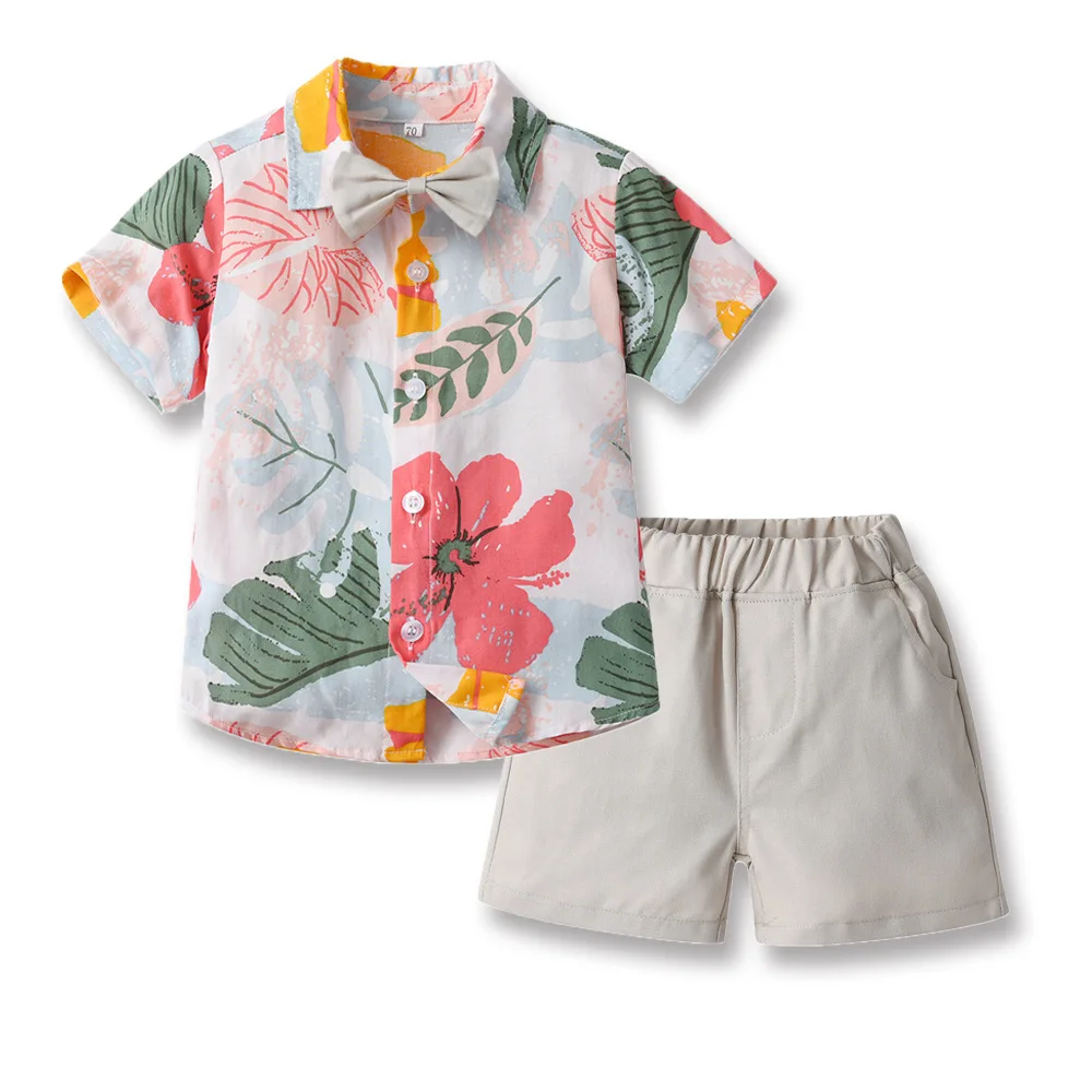 Boy Summer Clothing Boys\' Flower Shirts and Short Pants Set Cotton Vacation Beach Style Short-sleeved Flower Shirts and Shorts