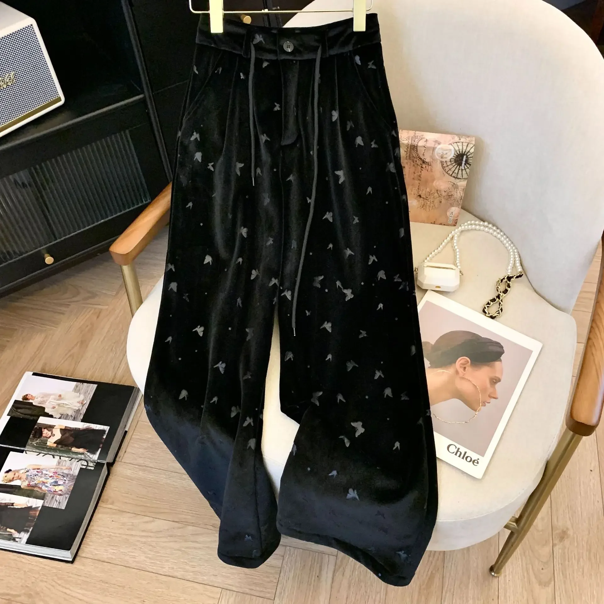 

Korean Butterfly Print Black Pants Women's Spring 2025 New High Waist Loose Casual Pants Y2k Pants Winter Warm Trousers Clothes