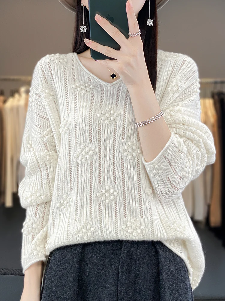 Loose hollow transparent women's sweater% merino wool spring and autumn new fashion pullover.