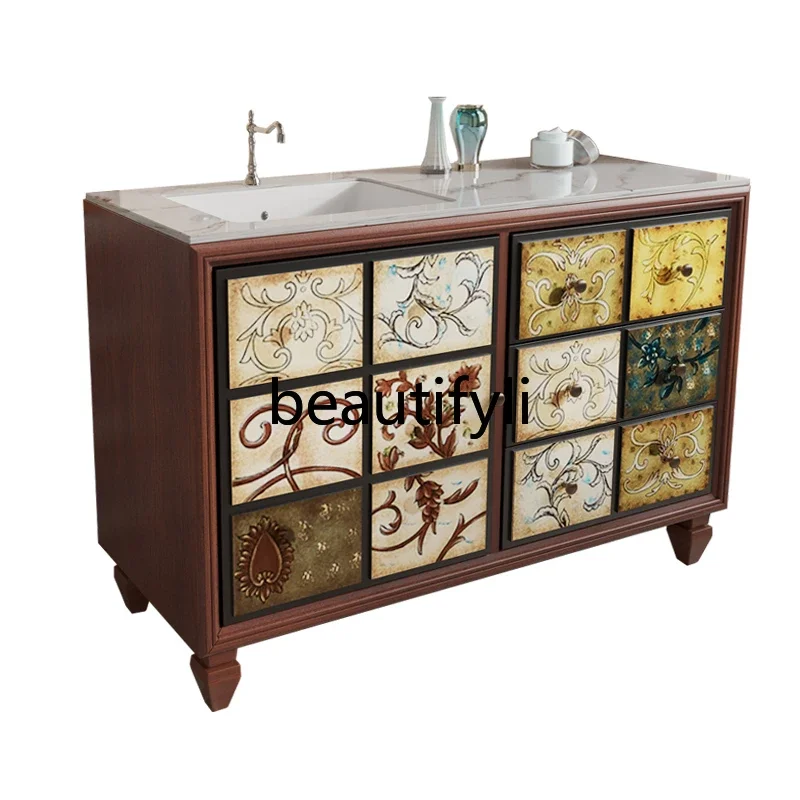 bathroom cabinet light luxury hand wash cabinet retro bathroom oak wash basin cabinet integrated villa high-end floor type