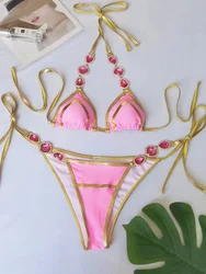 Halter kryształ Rhinestone diamentowe bikini 2024 damski strój kąpielowy damskie stroje kąpielowe dwuczęściowy zestaw bikini wysoko wycięty strój kąpielowy pływać