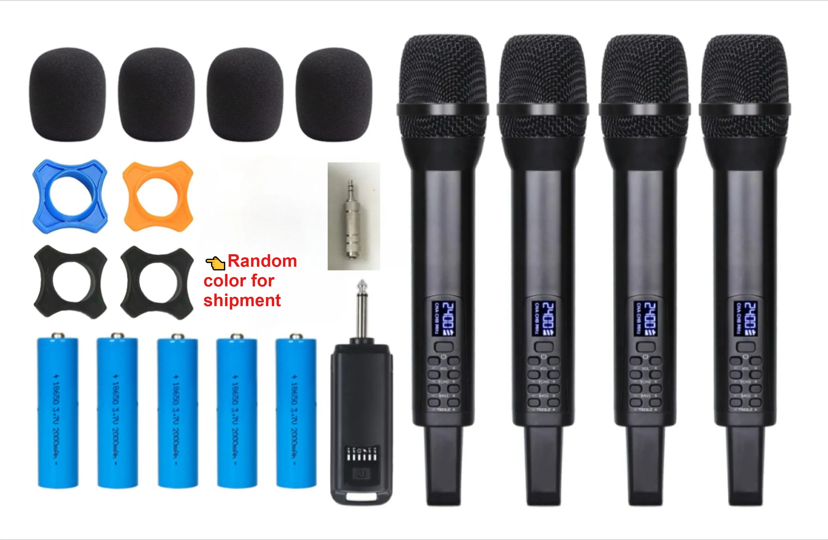 

Professional Quality 4 Channels Wireless Microphone Handheld With Rechargeable Receiver Comes with effect adjustable microphone