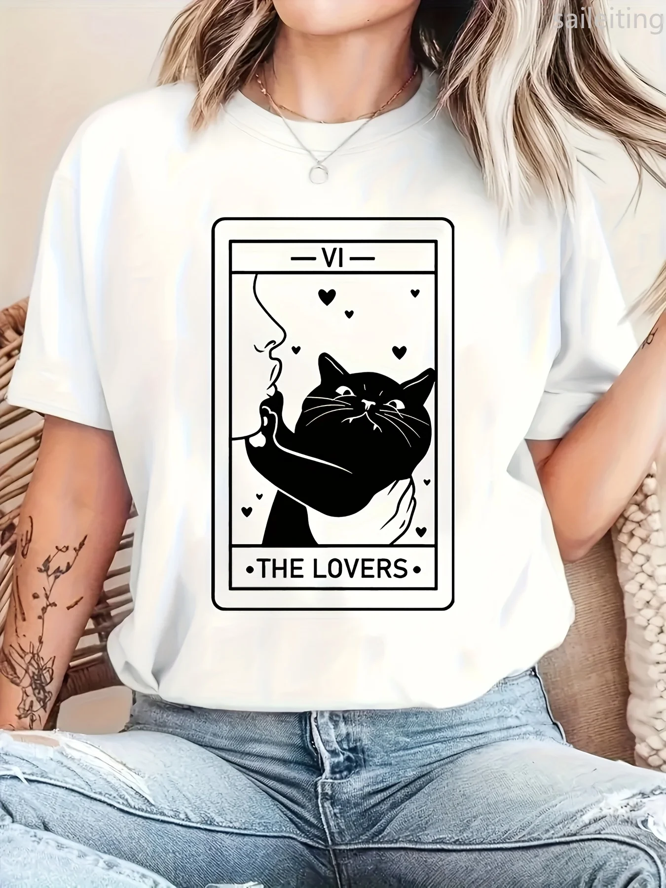

Womens Tarot Cat he Lover Graphic T-Shirt - Whimsical Witch Hat Black Cat with Hearts Design Crew Neck Casual Cat Lovers