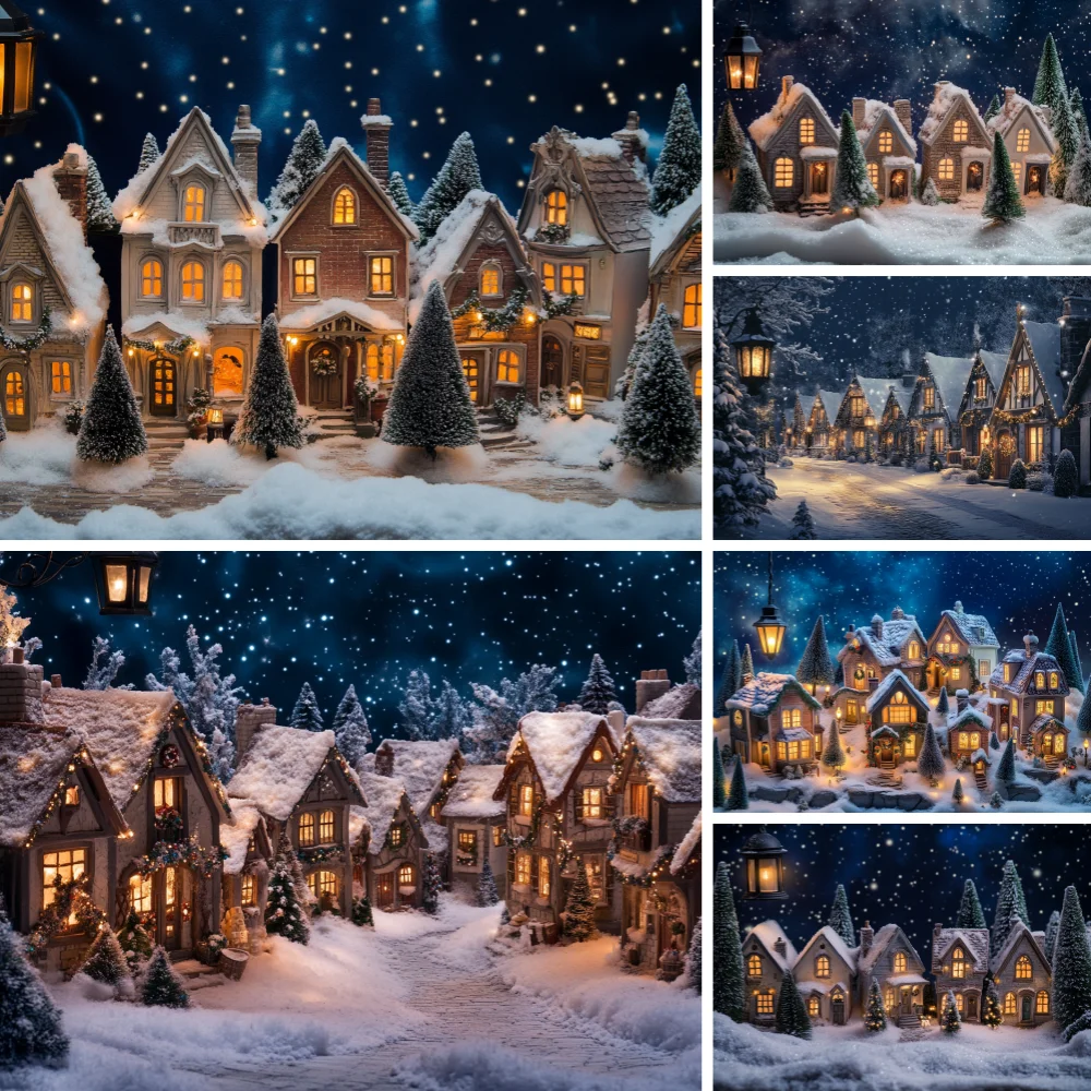 Night Snowy Village House Christmas Photo Backdrop Warm Light Pine Tree Starry Sky Winter Holiday Kids Studio Background Prop