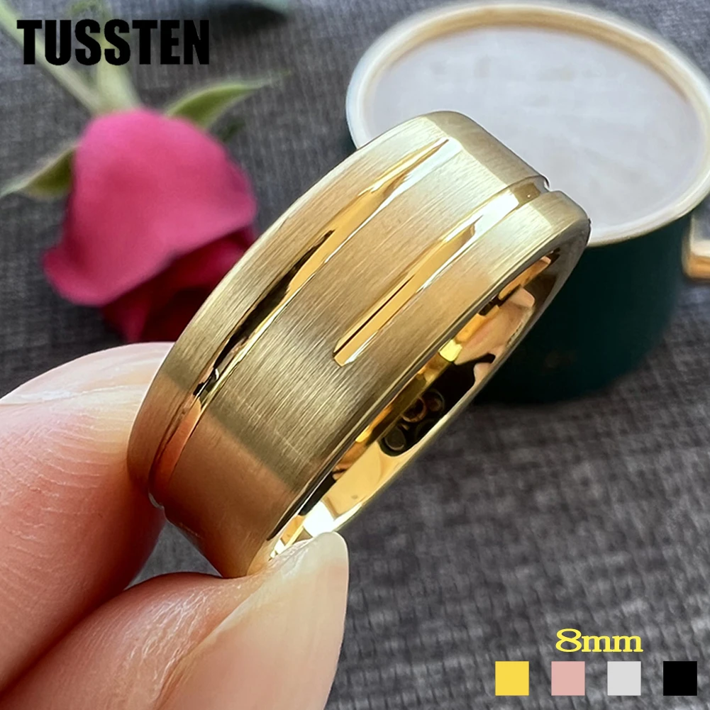 

Dropshipping TUSSTEN 8MM Men Women Flat Wedding Band Tungsten Finger Ring 2 Grooves Finish Great Workmanship Comfort Fit