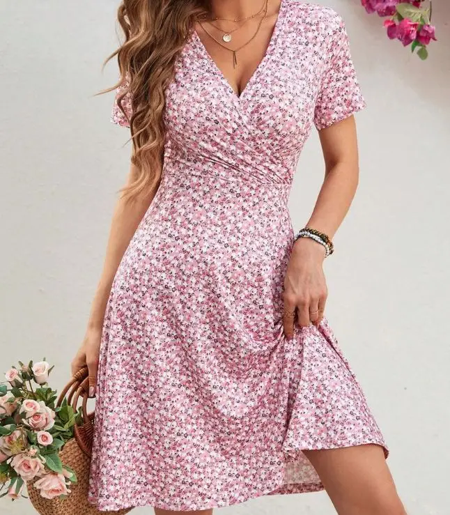 Minikleid mit Blumendruck, kurzärmelig, Midirock, Damenmode, Frühling, Sommer, V-Ausschnitt, Polyesterfaser, normales Taillenkleid – Detail 2