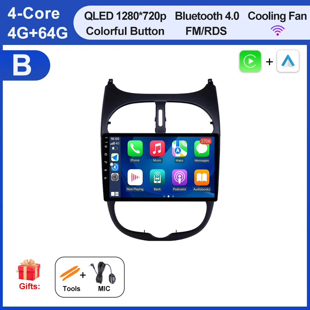 Autoradio Voor Peugeot 206 206SW 206CC 2000-2008 Android 16 Carplay Multimidia Video Player Draadloze Carplay Auto gereedschap Fan
