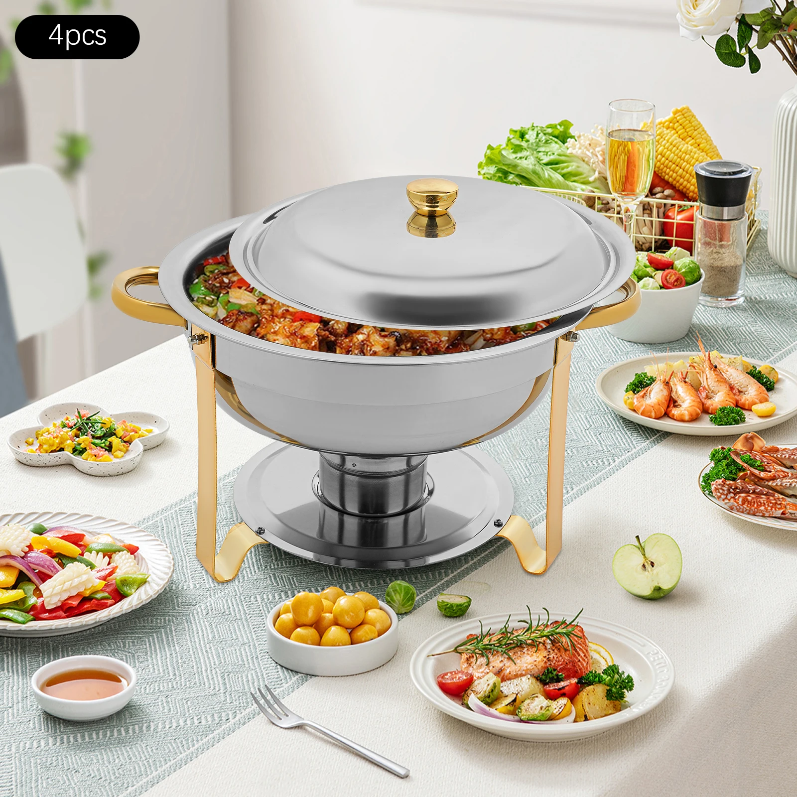 4Pcs 4.5L Gold Silver Chafing Dish Buffet Set Food Warmer Catering Equipment for Party Wedding Banquet