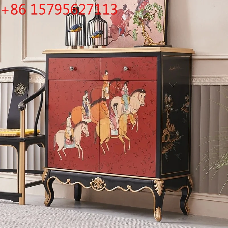 Retro Guochao New Chinese Painted Characters Gold Painted French Entrance Partition Decorative Cabinet