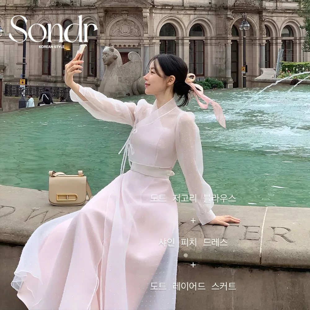 

Sondr Customized Baby Pink Hanbok Korean Wedding Party Dresses Silk Organza Long Sleeves Prom Evening Dresses Women Photo Shoot