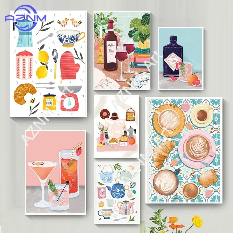 Modern Kitchen Food Wine Posters Delicious Croissant Floral Patterns Teacups Prints Canvas Painting Wall Picture Home Room Decor