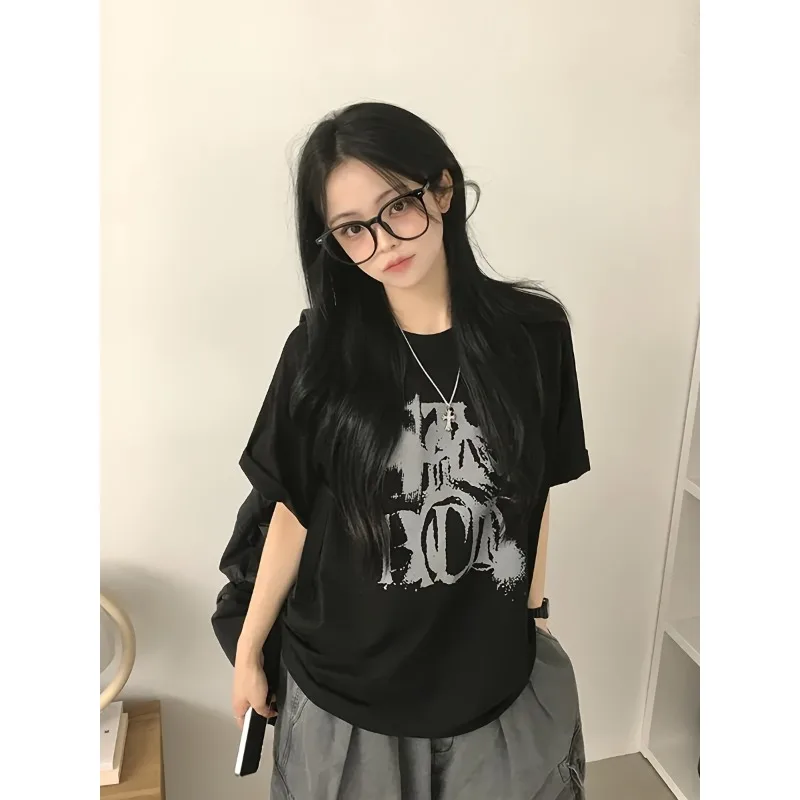 Double Shadow Letter Print Pattern Loose Top Summer Short Sleeve Men Women T-Shirt