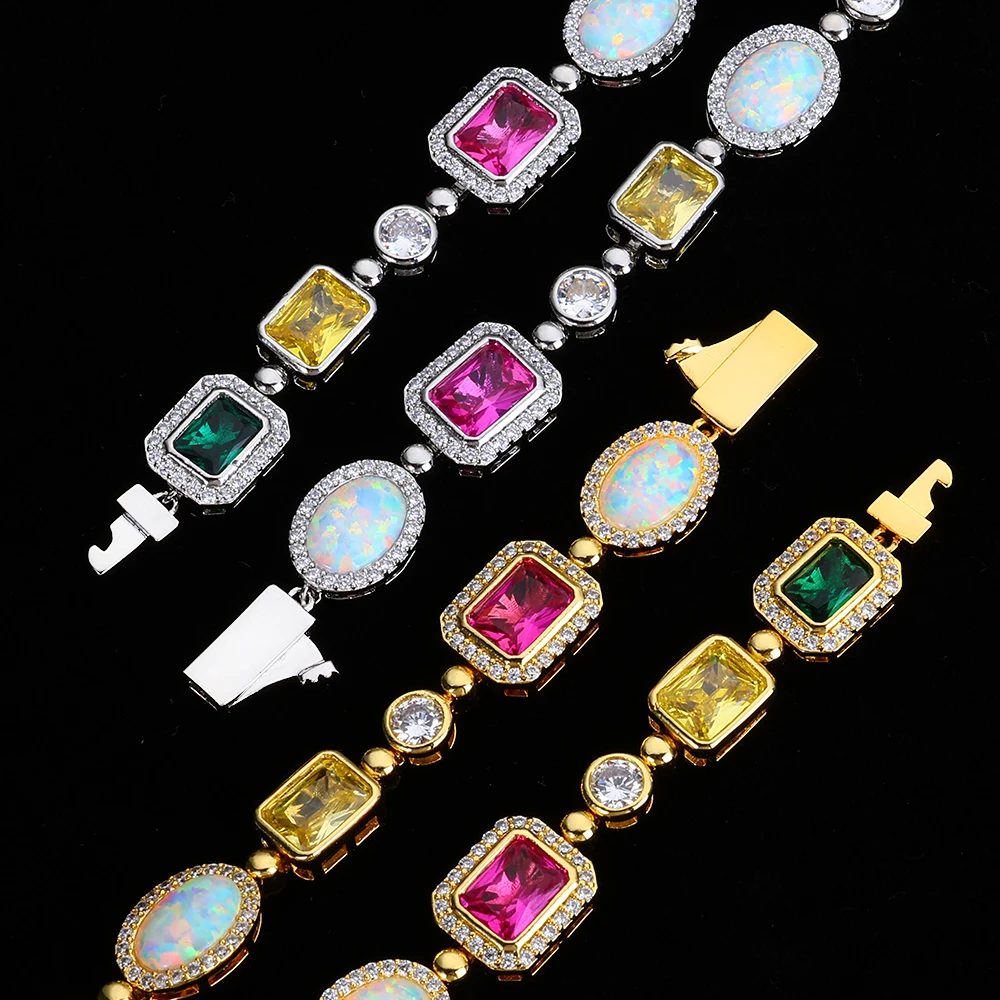 

В наличии: Цветное ожерелье из драгоценных камней 10 мм, инкрустированное кубическим цирконием 5А, с геометрическим узором, из латуни, с блестящим опалом, в стиле хип-хоп, женские украшения