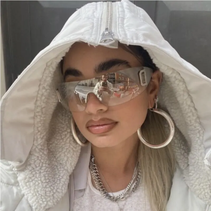 Y2K 무테 펑크 원피스 선글라스 여성 고글 신상 명품 브랜드 쉐이드 선글라스 여성용 파이브 스타 랩 어라운드 아이웨어